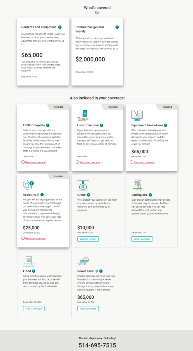 screenshot of business insurance quote protections